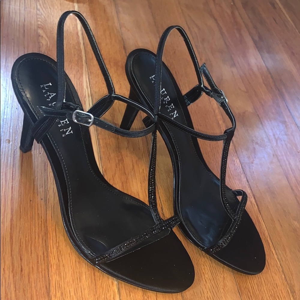 Ralph Lauren Abita Heels — Black Satin/Crystals